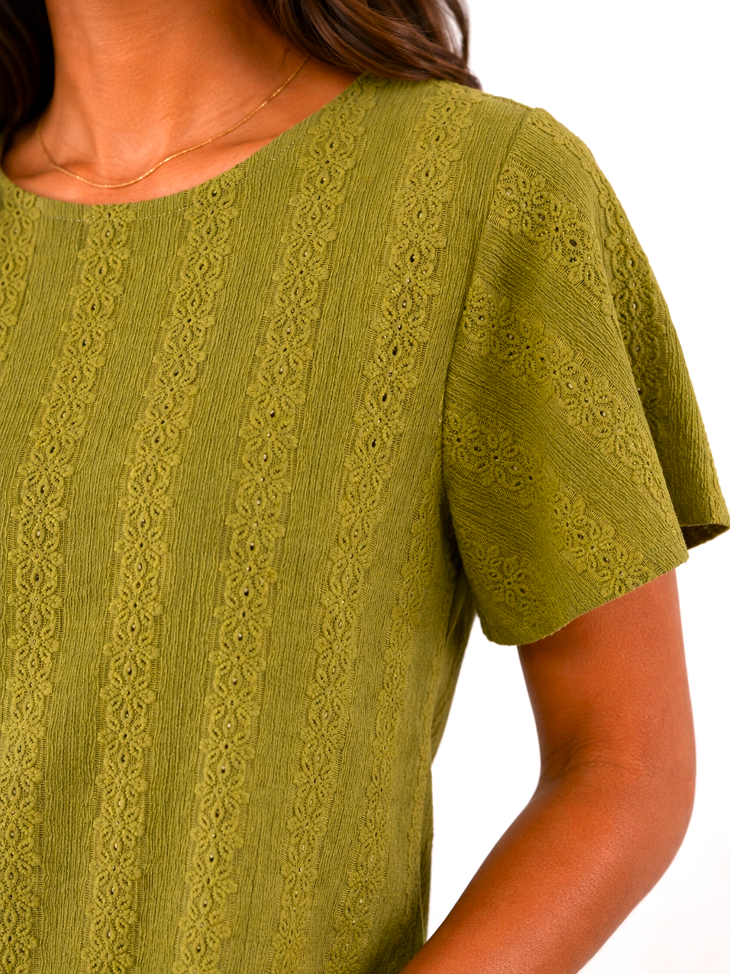Close-up of a lime green textured short-sleeve top with lace-like vertical patterns and a delicate gold necklace.