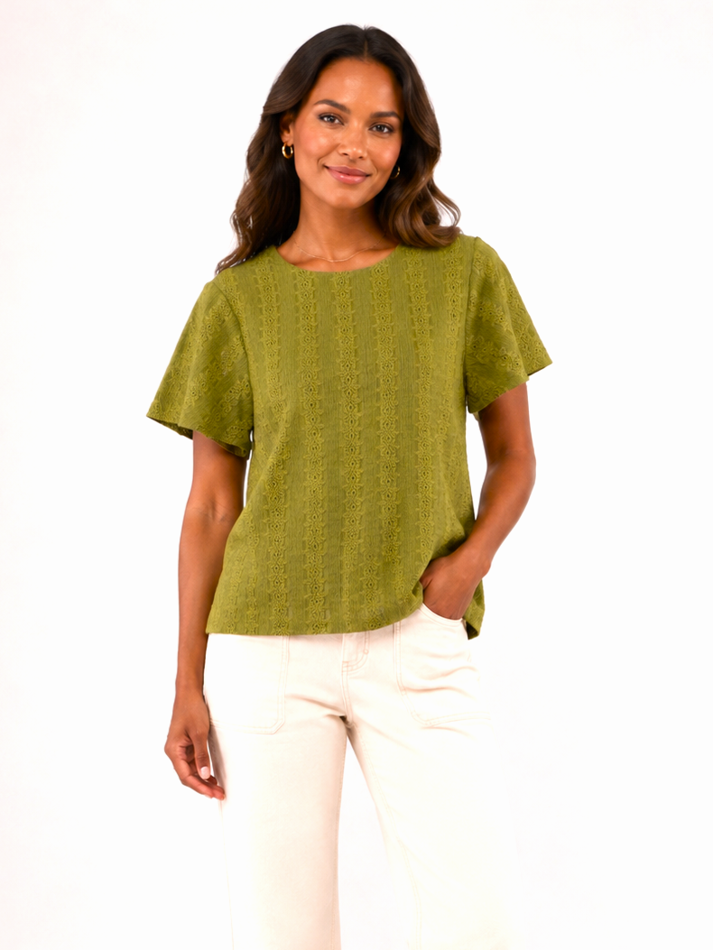 Vero Moda Cassandra Eyelet Short Sleeve Top in green eyelet fabric by Vero Moda styled with beige pants.