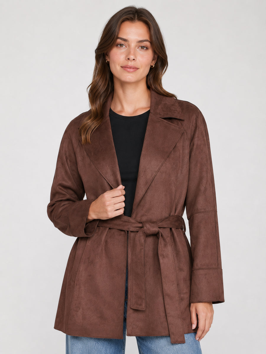 Vero Moda Joselina Faux Suede Belted Jacket in coffee brown, featuring a wide collar and wrap belt detail.