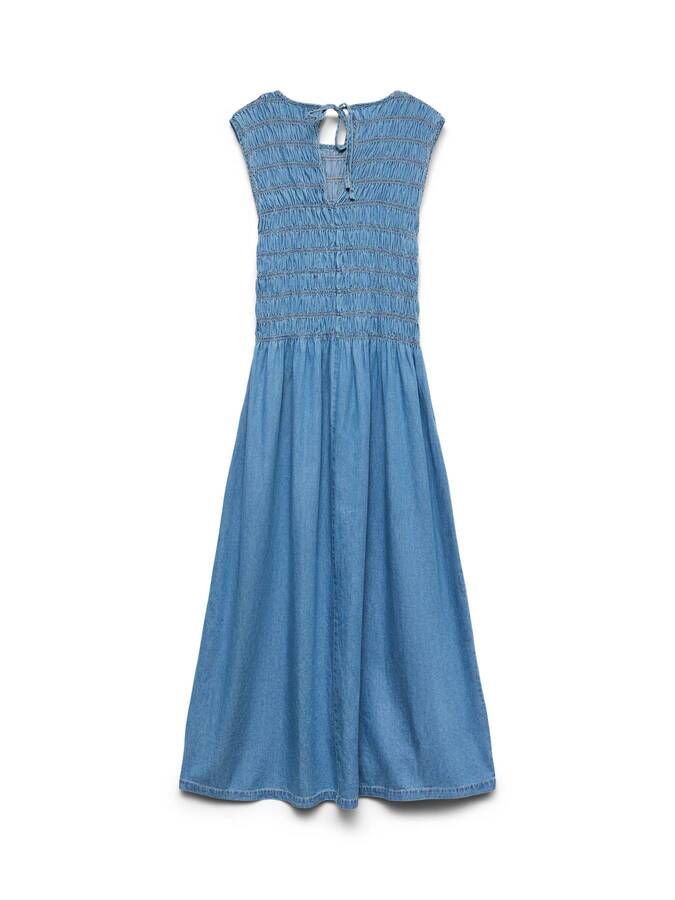 Vero Moda Nerina Cotton Smocked Midi Dress in blue denim style with smocked bodice and tie back detail by Vero Moda.