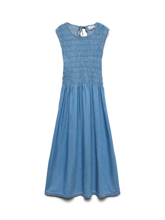 Vero Moda Nerina Cotton Smocked Midi Dress in denim blue with a smocked bodice and midi length by Vero Moda