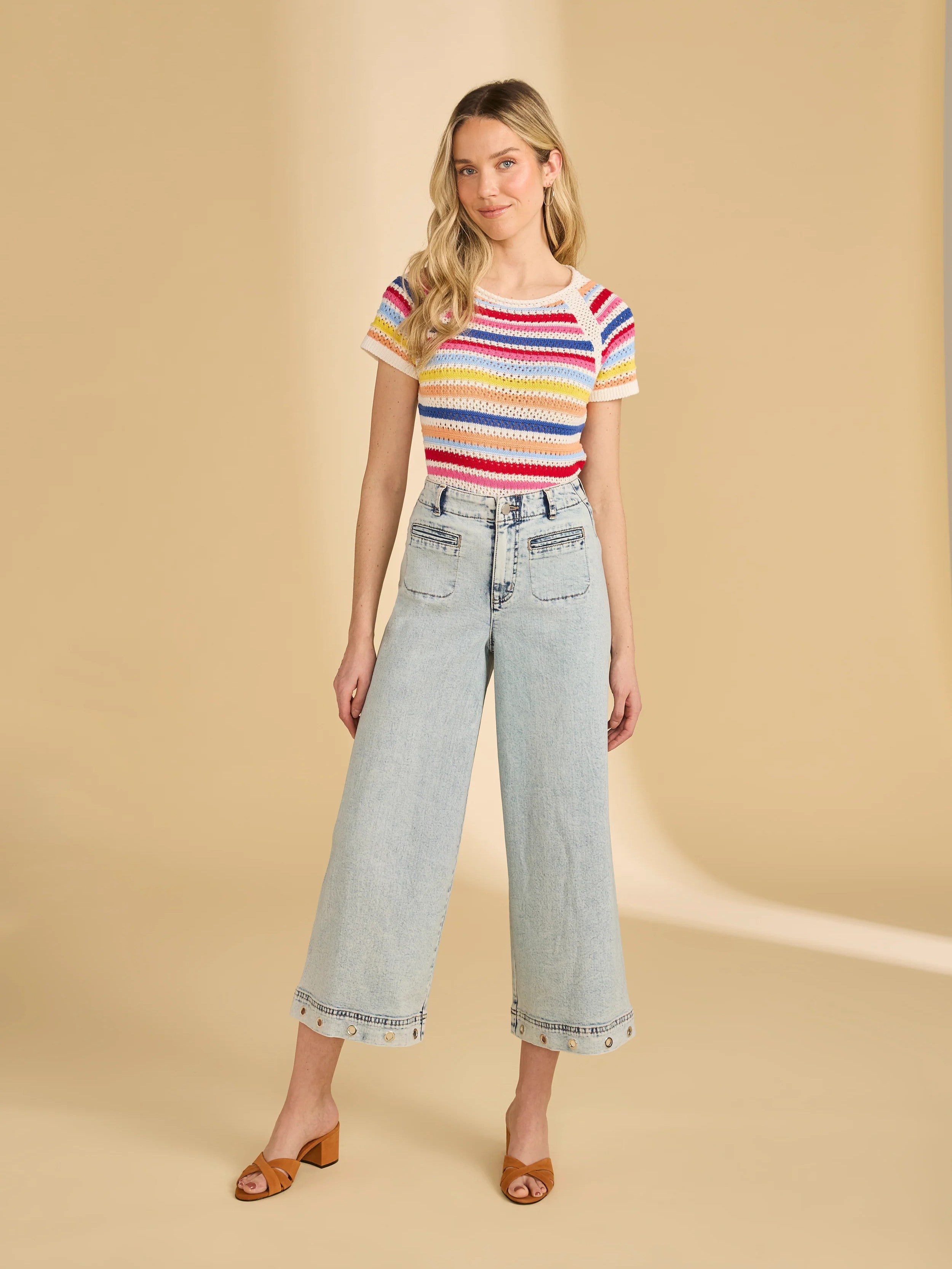 FDJ Popsicle Stripe Short Sleeve Cotton Crew Neck Sweater