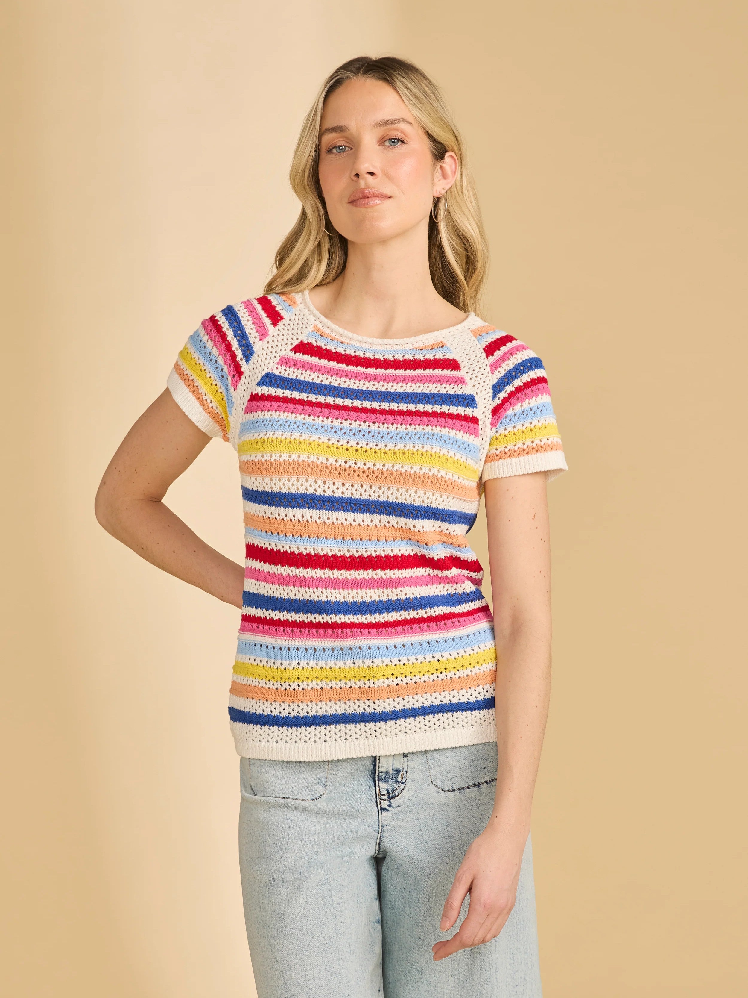 FDJ Popsicle Stripe Short Sleeve Cotton Crew Neck Sweater