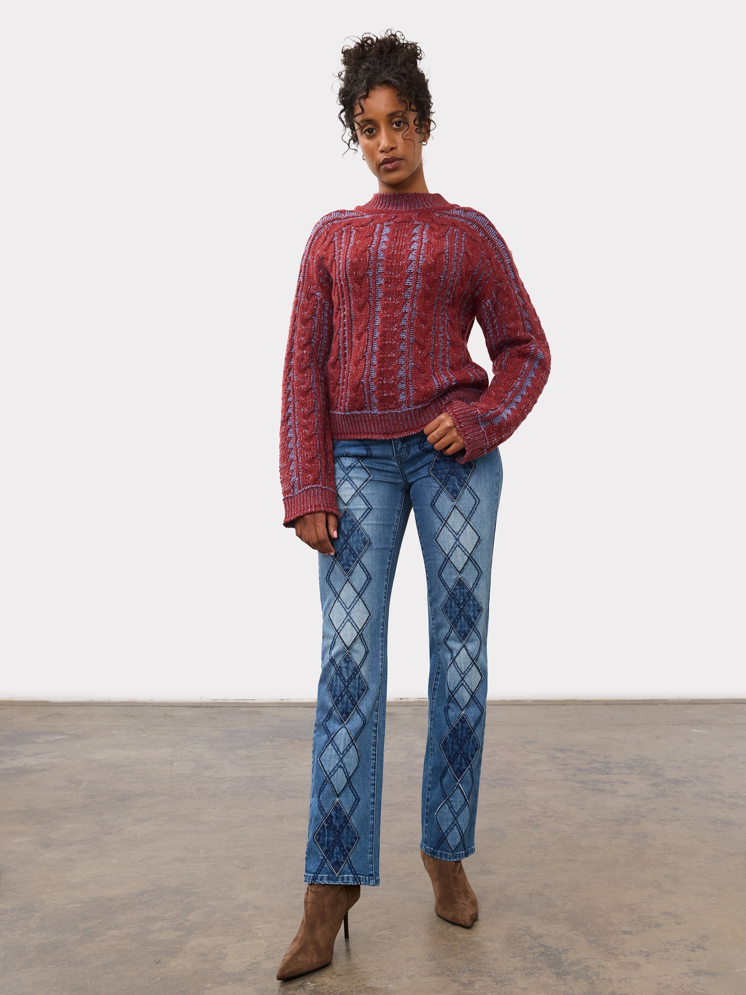 FDJ On The Cover Wool Blend Cable Mock Neck Sweater