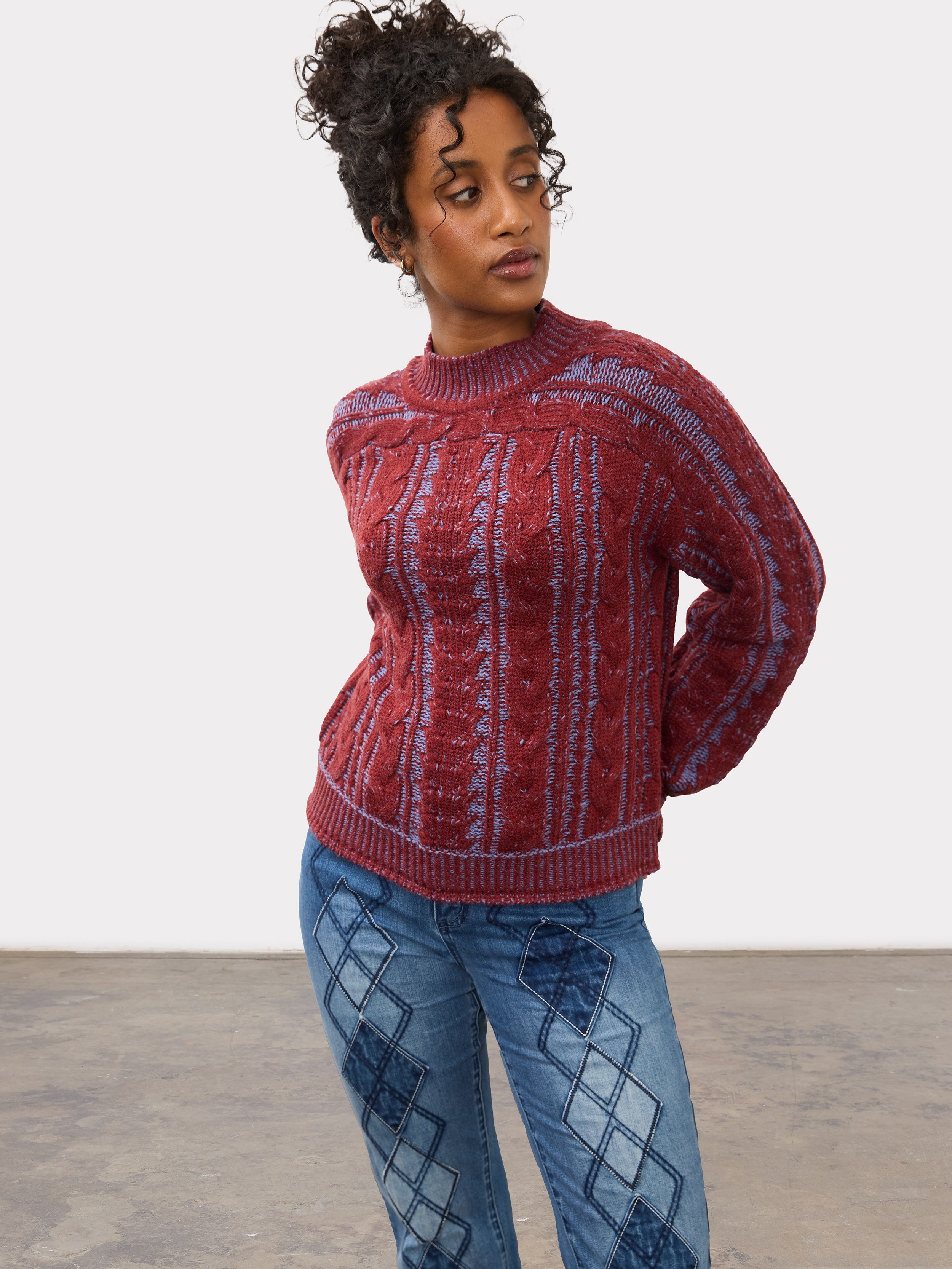 FDJ On The Cover Wool Blend Cable Mock Neck Sweater