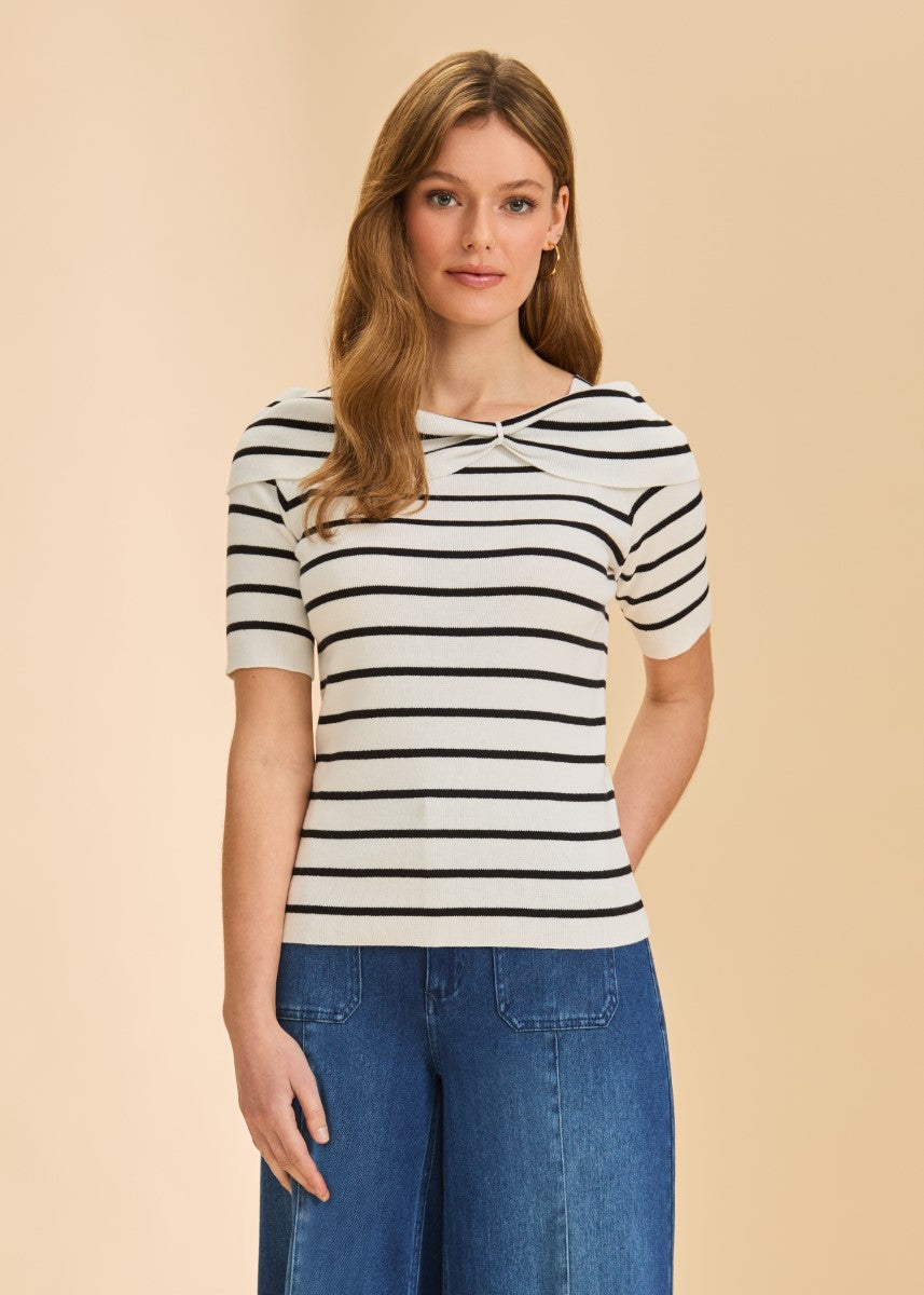 FDJ Stripe & Bow Short Sleeve Sweater by French Dressing in white with black stripes and bow detail on neckline
