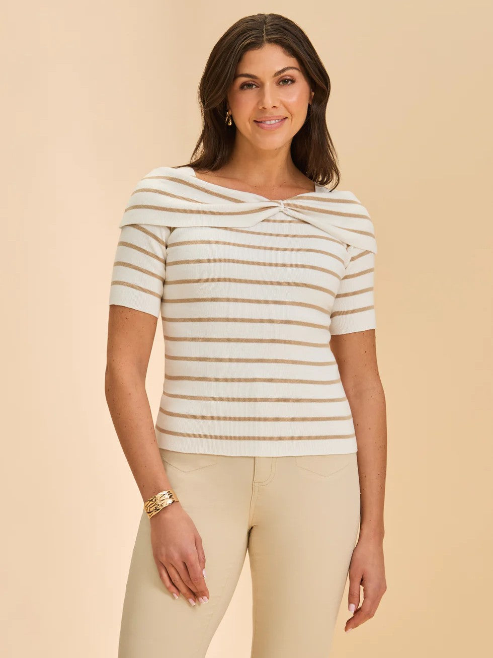 FDJ Stripe & Bow Short Sleeve Sweater by French Dressing, beige striped knit top with bow detail, styled with light pants