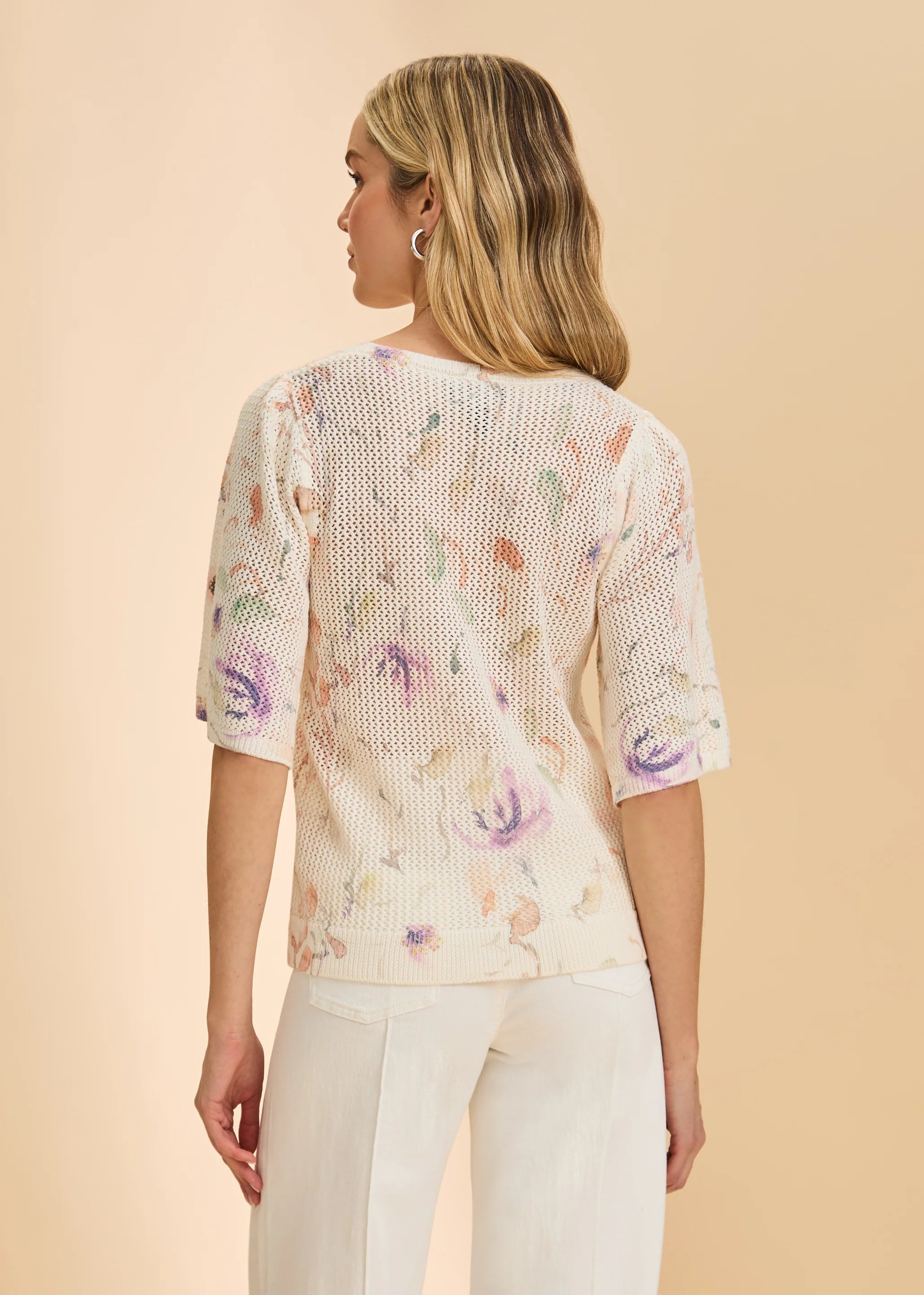 FDJ Delicate Floral 3/4 Sleeve Lightweight Knit Crew Sweater