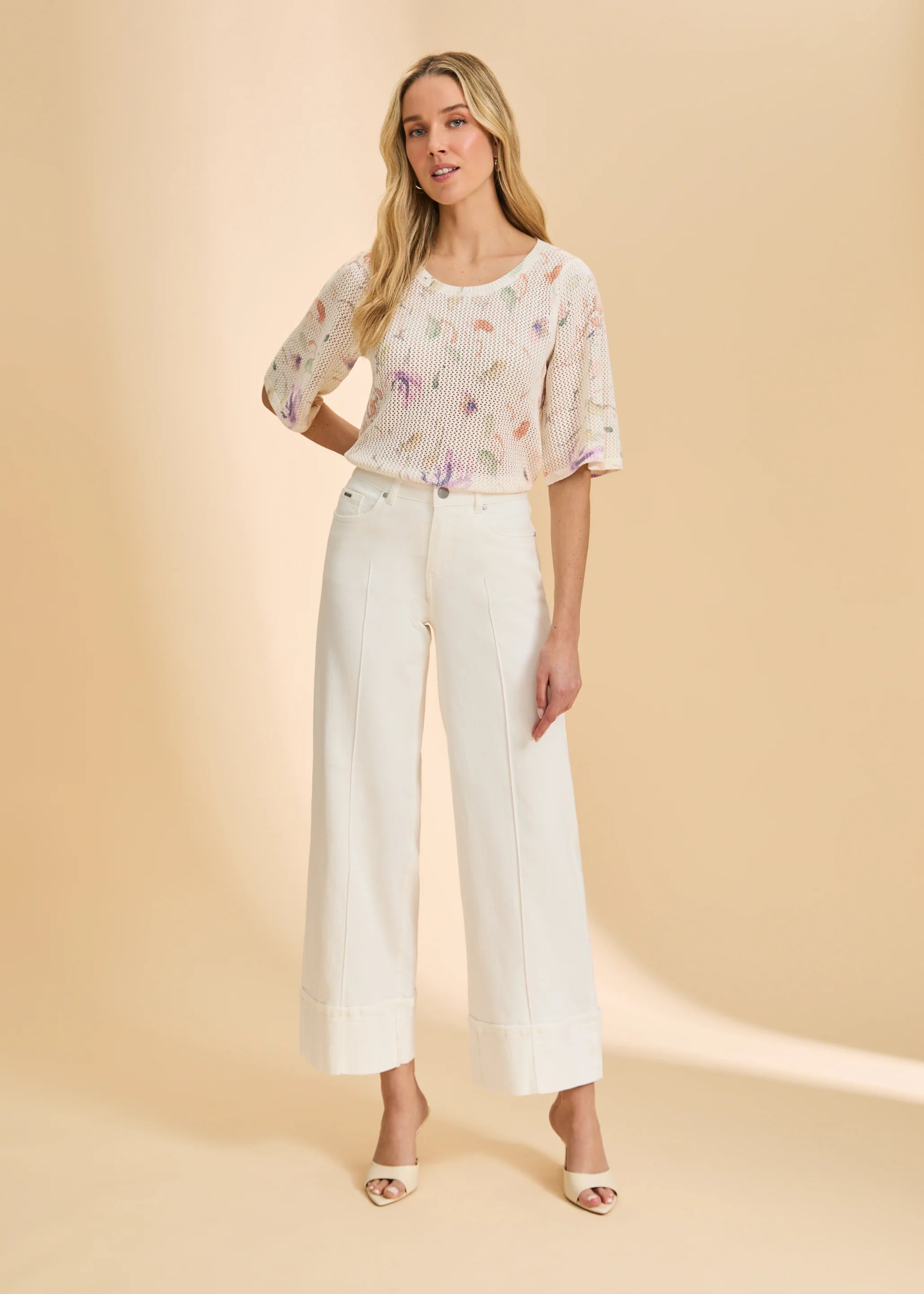 FDJ Delicate Floral 3/4 Sleeve Lightweight Knit Crew Sweater