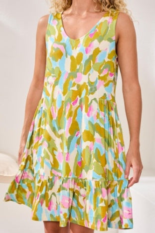 Tribal Boho Bloom Sleeveless Print V-Neck Dress by Tribal Sportswear Inc. in a colorful mint and pastel floral pattern.