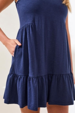 Tribal Essential Sleeveless Slub V-Neck Dress in navy blue with side pocket detail by Tribal Sportswear Inc.