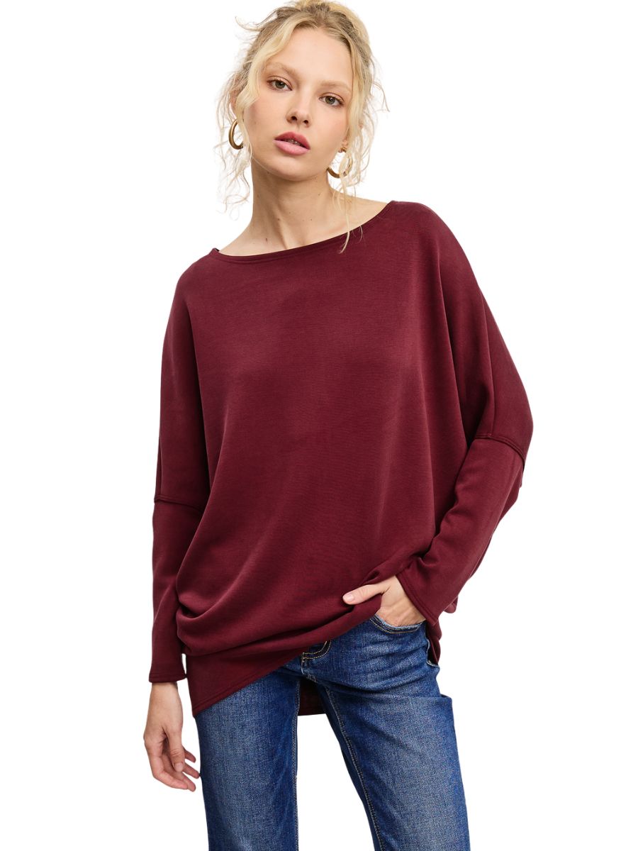 Julie Modal Dolman Top in burgundy by Jolie Inc., lightweight sweater with relaxed fit and dolman sleeves