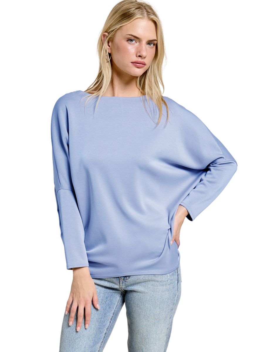 Light blue Julie Modal Dolman Top by Jolie Inc., designed with relaxed dolman sleeves and a boat neckline.