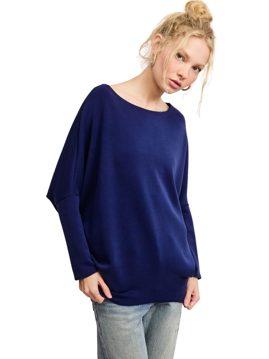 Navy blue Julie Modal Dolman Top by Jolie Inc. styled with casual light wash denim jeans