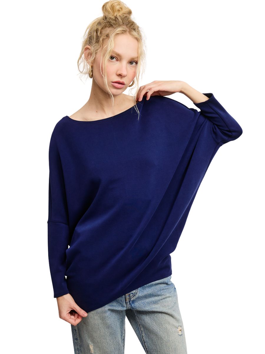 Julie Modal Dolman Top by Jolie Inc. in navy blue, soft fabric, relaxed fit, paired with casual denim jeans