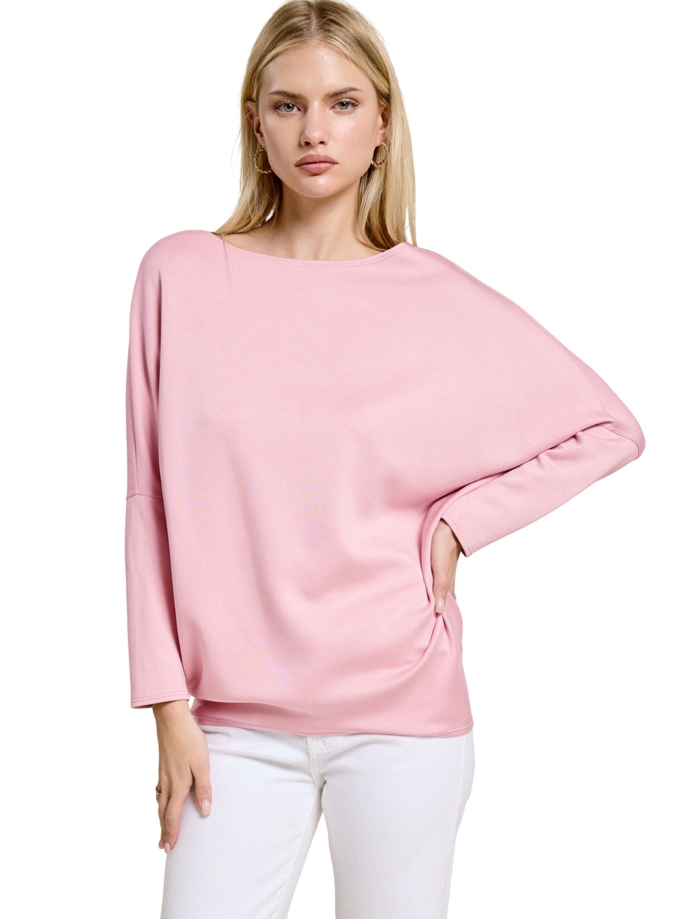 Elegant soft pink Julie Modal Dolman Top by Jolie Inc., paired with white pants, casual lightweight fashion top.