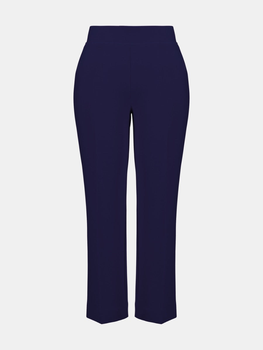 Navy blue straight-leg trousers with a high waistband and clean, minimalist design on a white background