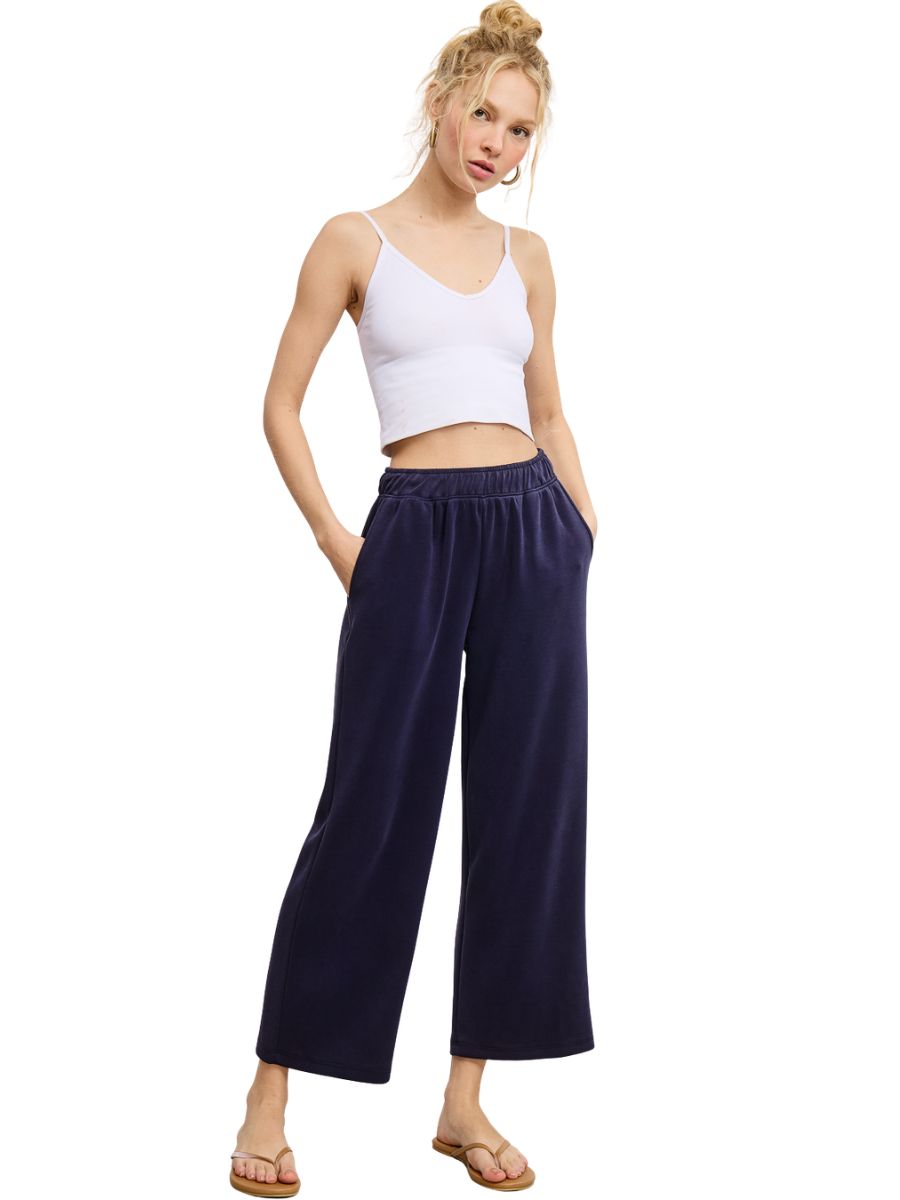 Charlie Modal Crop Pant in navy by Jolie Inc., featuring a relaxed fit and elastic waistband design.