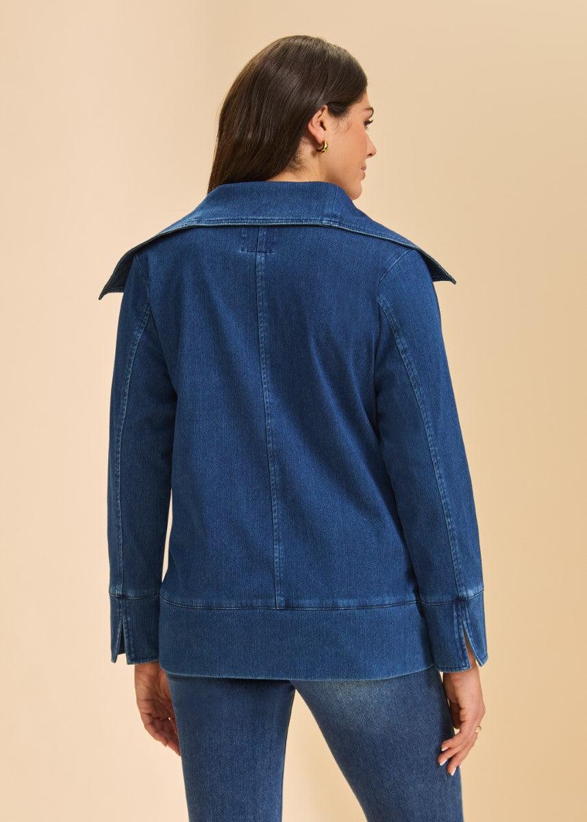 Back view of FDJ Anthro Draped Denim Jacket in blue denim by French Dressing on a model against neutral background
