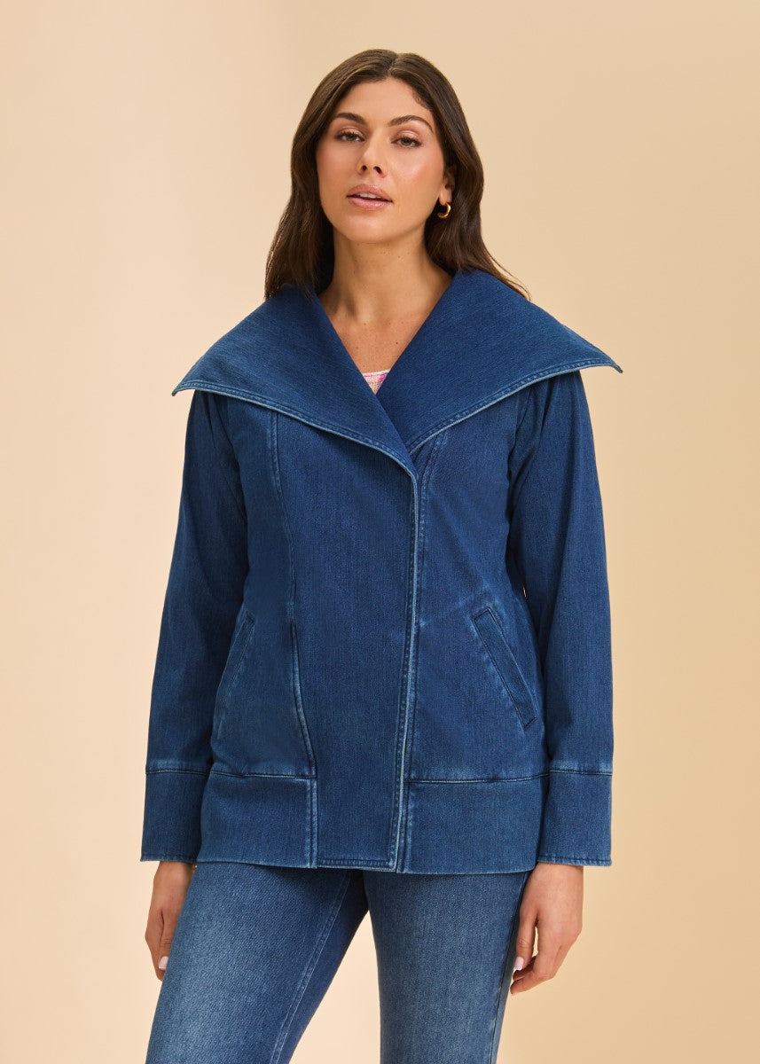 FDJ Anthro Draped Denim Jacket by French Dressing in blue denim with wide collar and front pockets for casual outerwear.