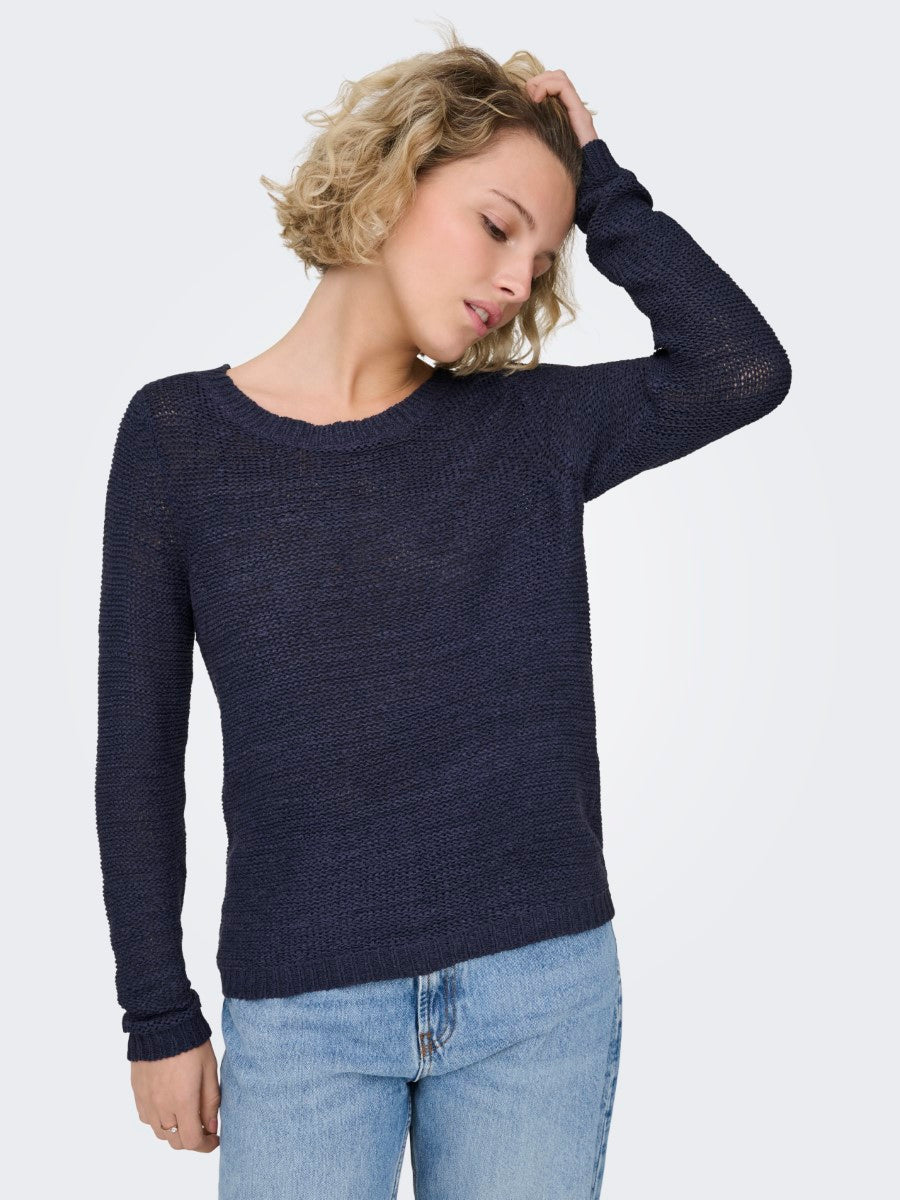 ONLY Geena Loose Knit Crew Sweater by Only in navy blue, featuring a relaxed fit and soft knit texture sweater top.