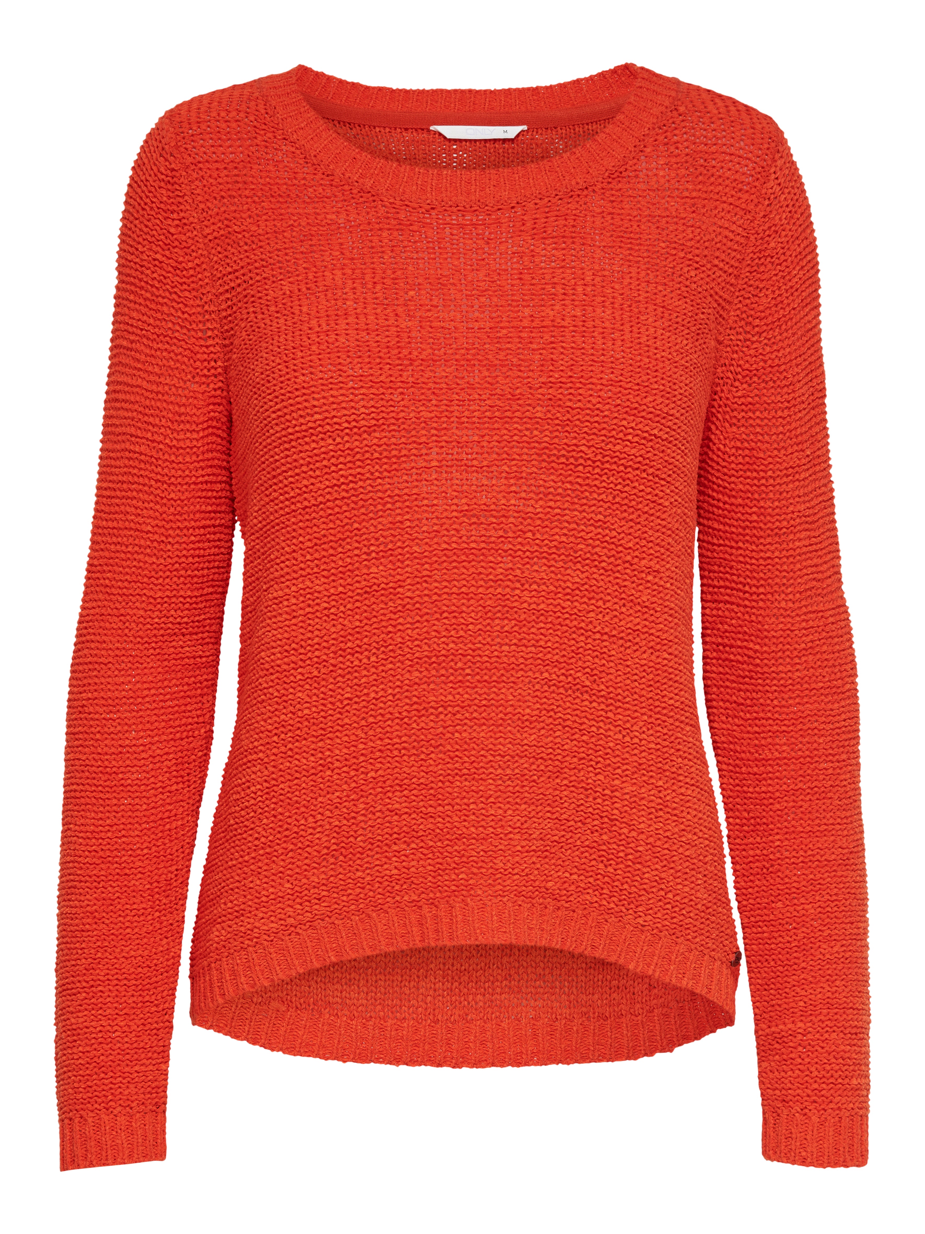 ONLY Geena Loose Knit Crew Sweater in bright orange color by Only, featuring a casual loose knit and crew neckline.