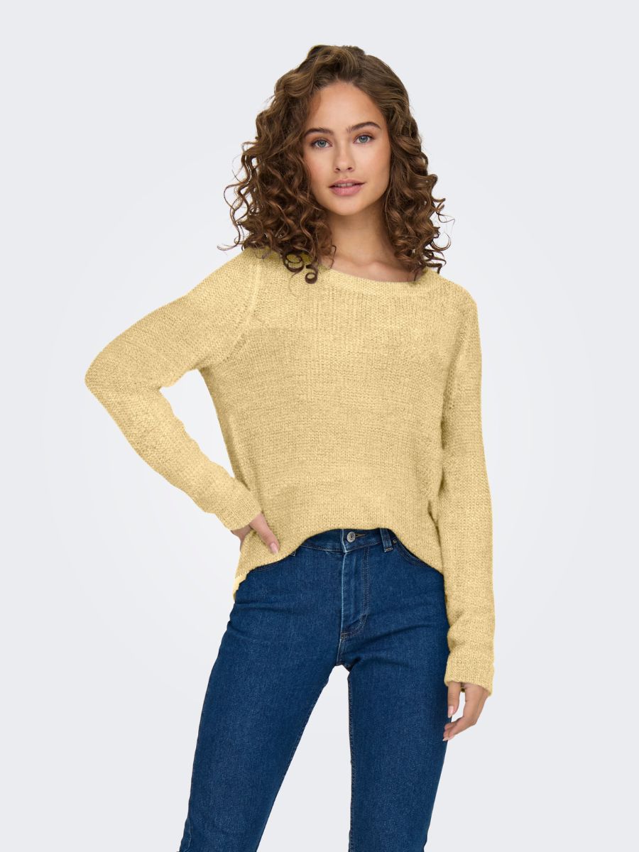ONLY Geena Loose Knit Crew Sweater in soft yellow knit paired with blue jeans by Only, casual sweater and top style