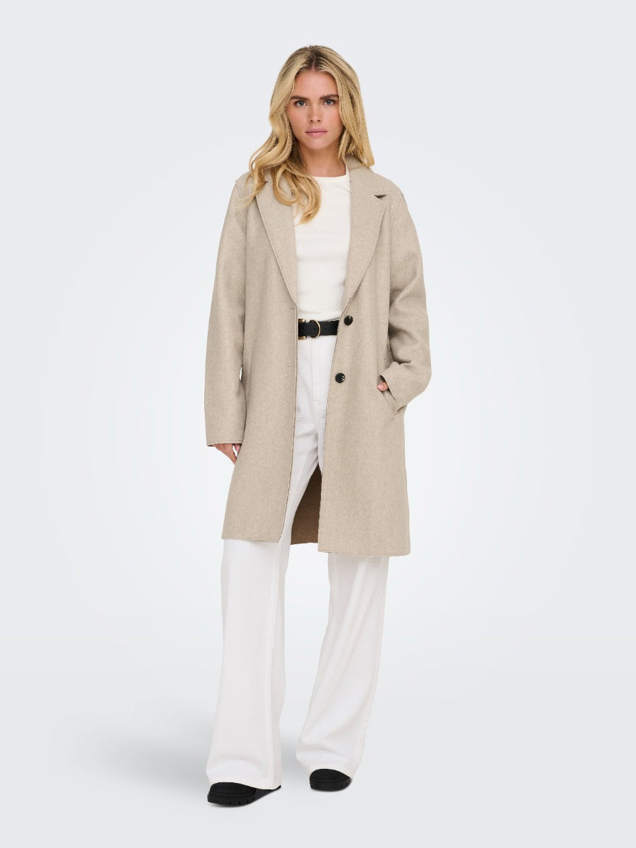ONLY Carrie Bonded 3 Button Coat by Only in beige, tailored outerwear perfect for stylish layering with wide-leg pants