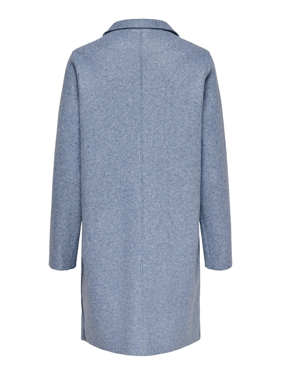 ONLY Carrie Bonded 3 Button Coat by Only in soft indigo blue, long outerwear with a relaxed fit and classic collar design.