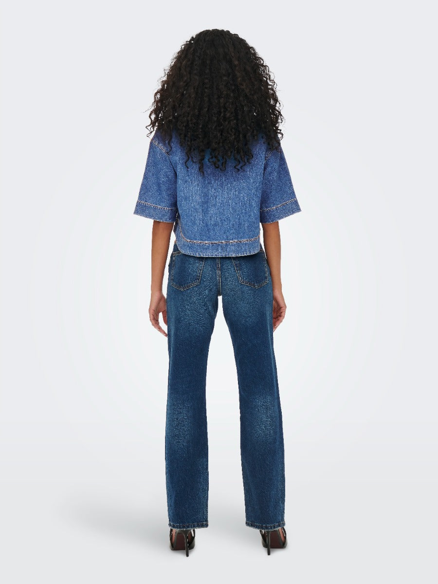 ONLY Cleo Short Sleeve Denim Shirt by Only in blue, showcased from the back with visible stitching and classic denim texture.