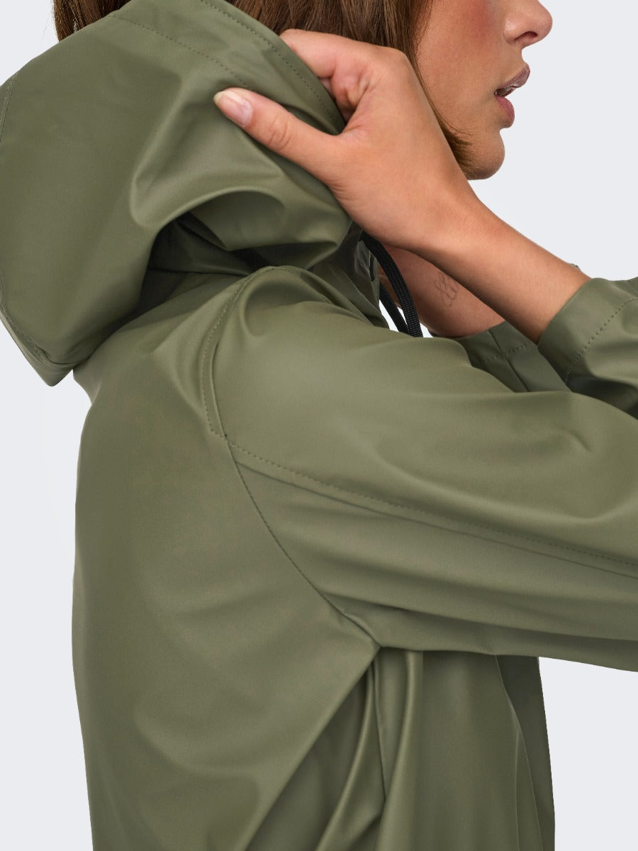 ONLY New Ellen Raincoat by Only in olive green, featuring a hood and smooth waterproof outerwear material.
