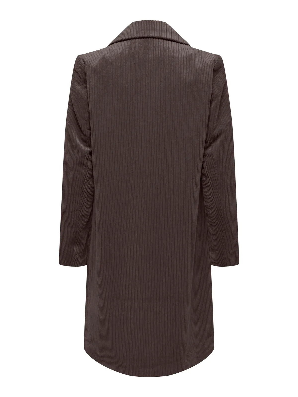 Back view of a long brown corduroy coat with a collar and long sleeves on a white background.