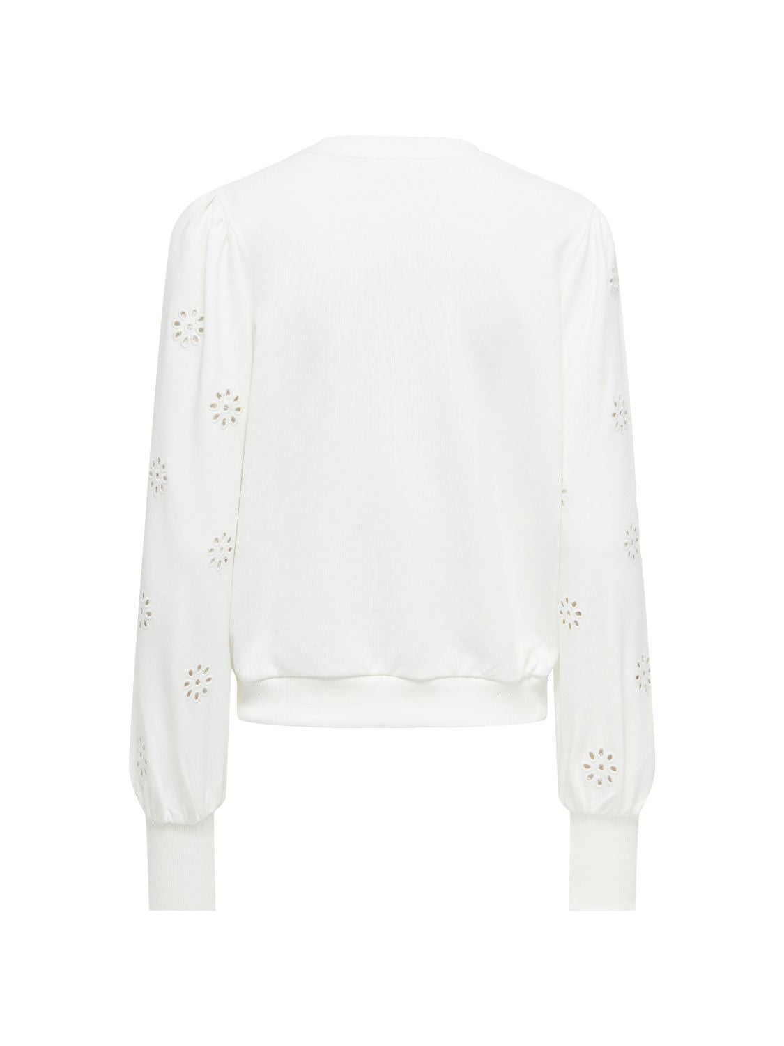 White long-sleeve top with ribbed cuffs and eyelet floral cutout details on the sleeves and back