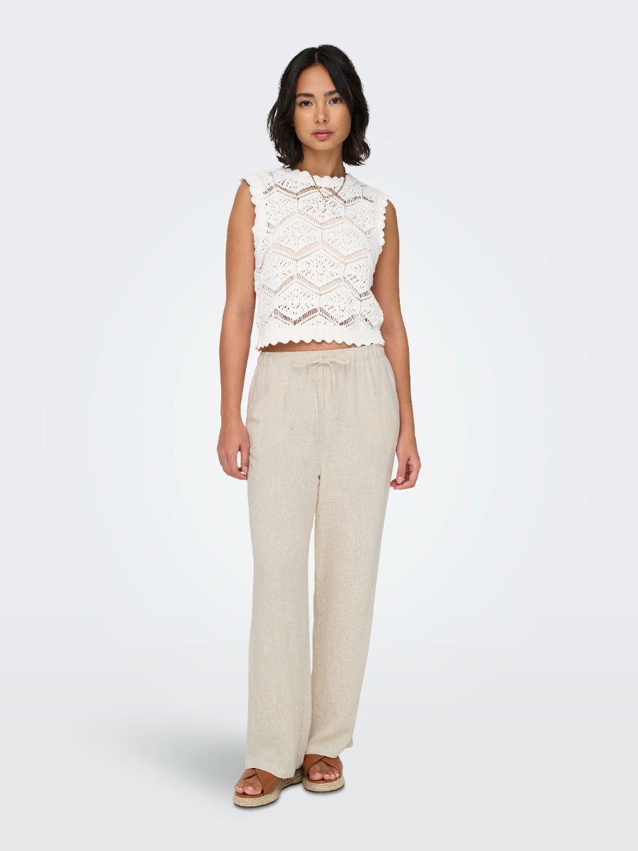 ONLY Siesta Linen Blend 32" Pant in beige styled with a white sleeveless lace top by Only brand
