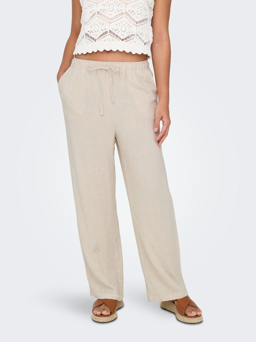 ONLY Siesta Linen Blend 32" Pant in beige by Only, featuring a relaxed fit and drawstring waist.