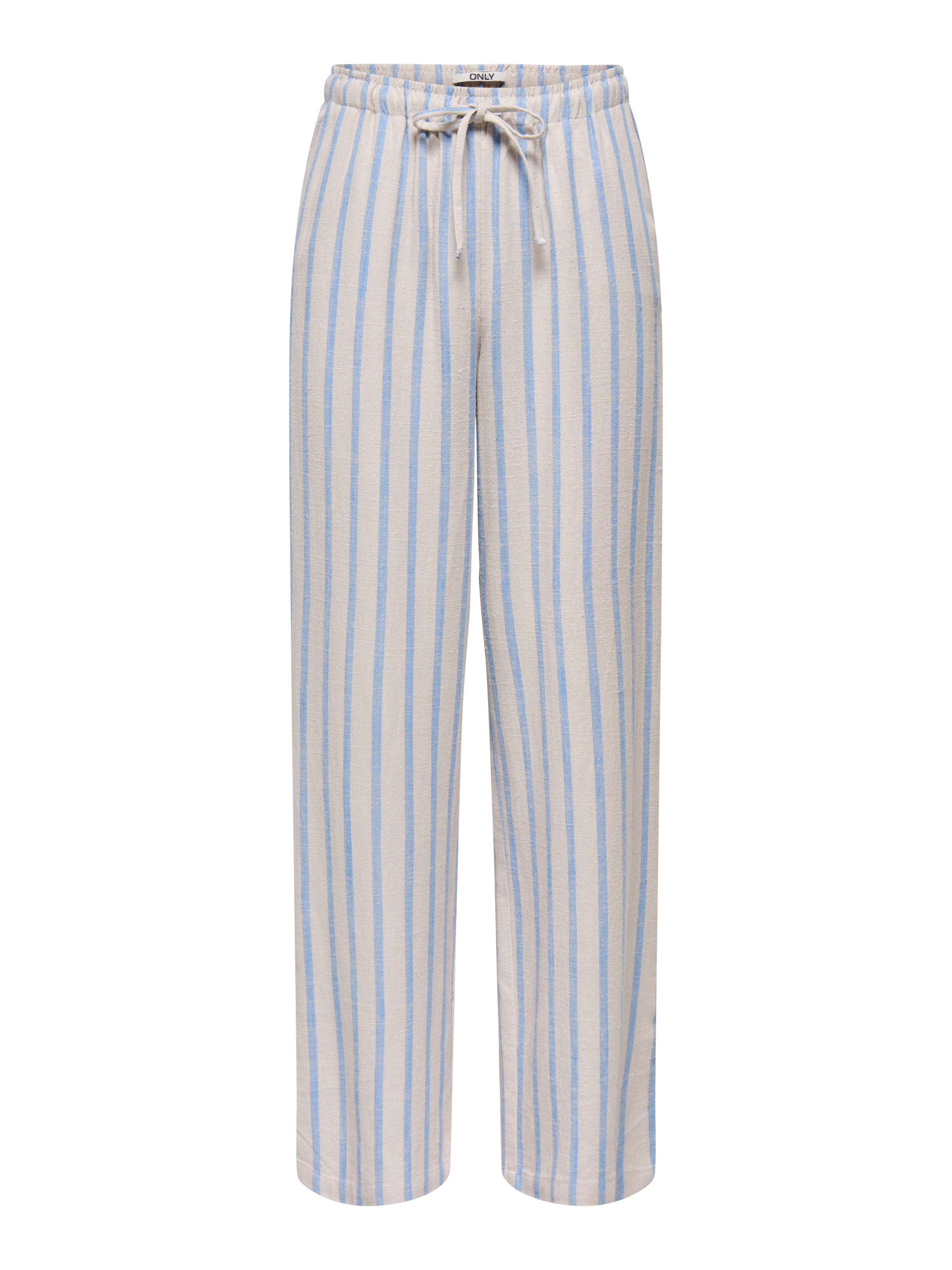 ONLY Siesta Linen Blend 32" Pant by Only in light beige with vertical blue stripes and an adjustable drawstring waist.