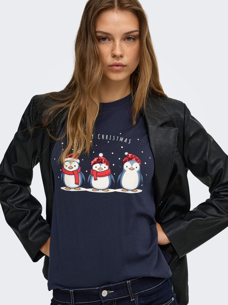 Black leather jacket over a navy Christmas graphic top with three snowmen