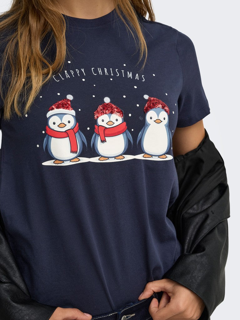 Only Kita Christmas Short Sleeve Tee by Only navy tee featuring three penguins in Santa hats and scarves