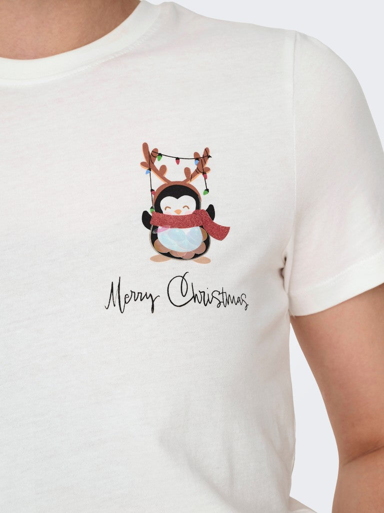 Only Kita Christmas Short Sleeve Tee with penguin Christmas graphic and Merry Christmas text