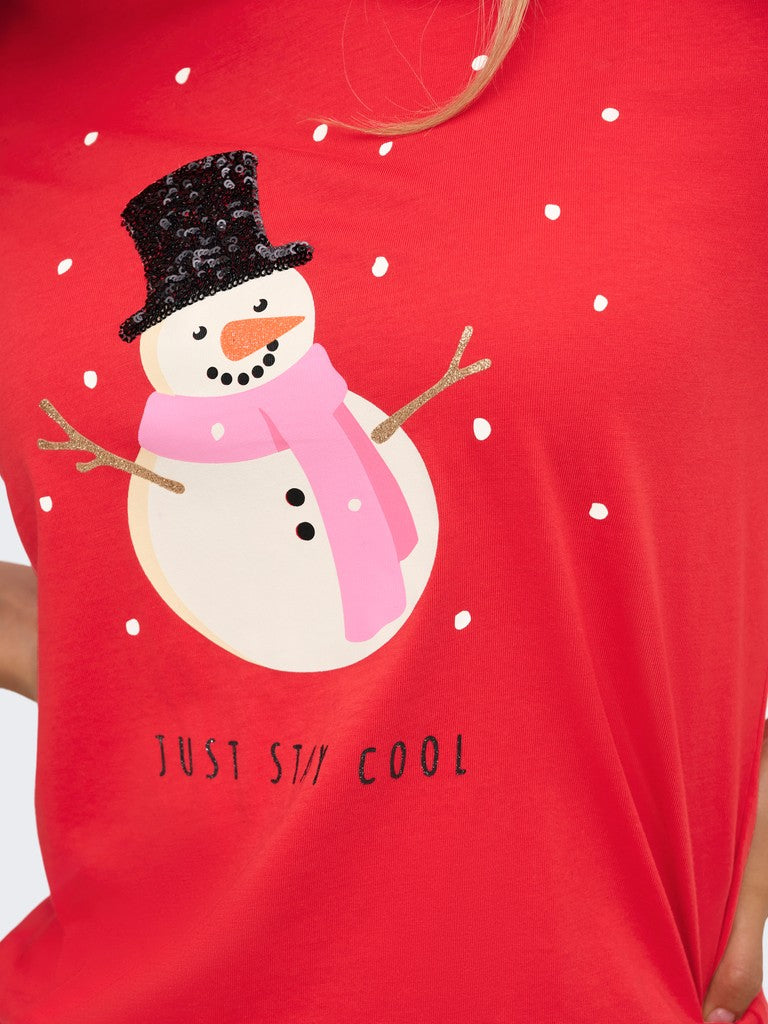 Only Kita Christmas Short Sleeve Tee with snowman graphic and Just stay cool text