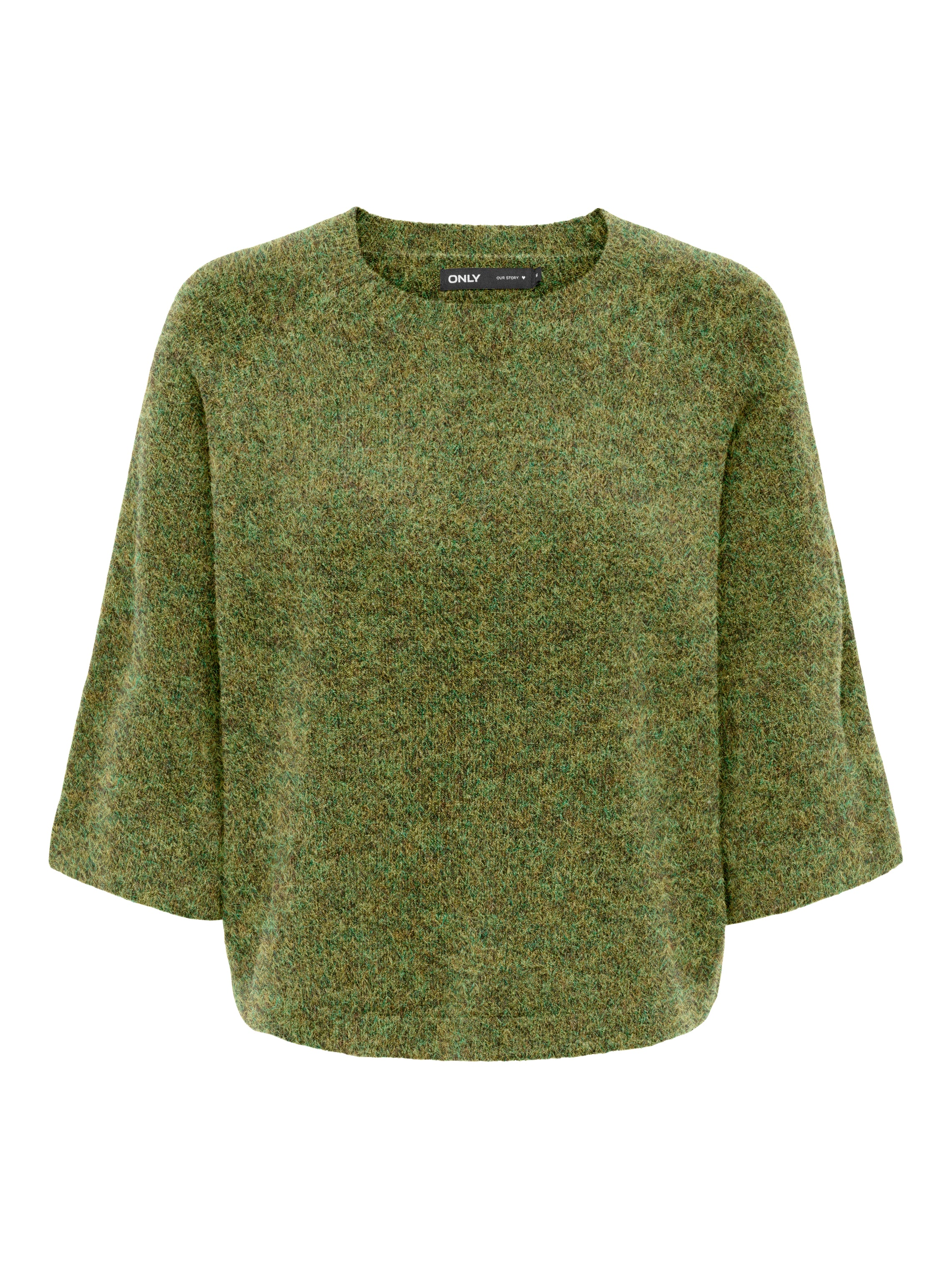 ONLY Simoni 3/4 Sleeve Sweater by Only, green textured knit sweater with wide three-quarter sleeves and crew neckline