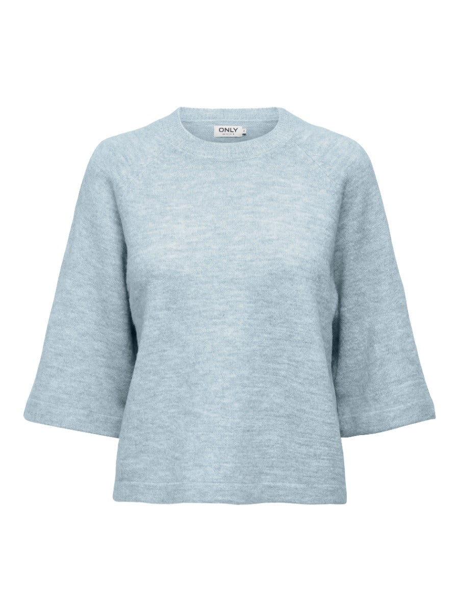 ONLY Simoni 3/4 Sleeve Sweater by Only, light blue knit top with wide sleeves and crew neckline.