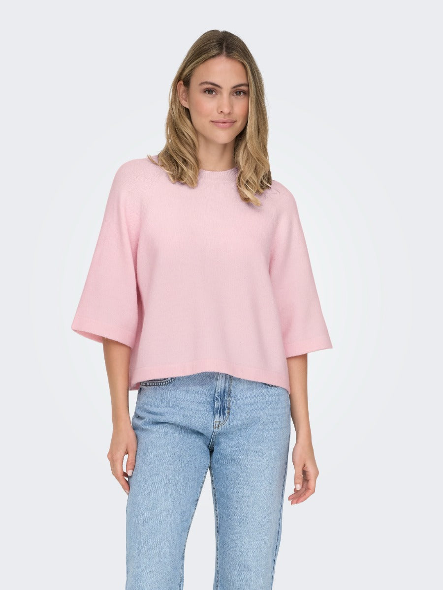 ONLY Simoni 3/4 Sleeve Sweater in light pink knit by Only paired with light blue denim jeans top
