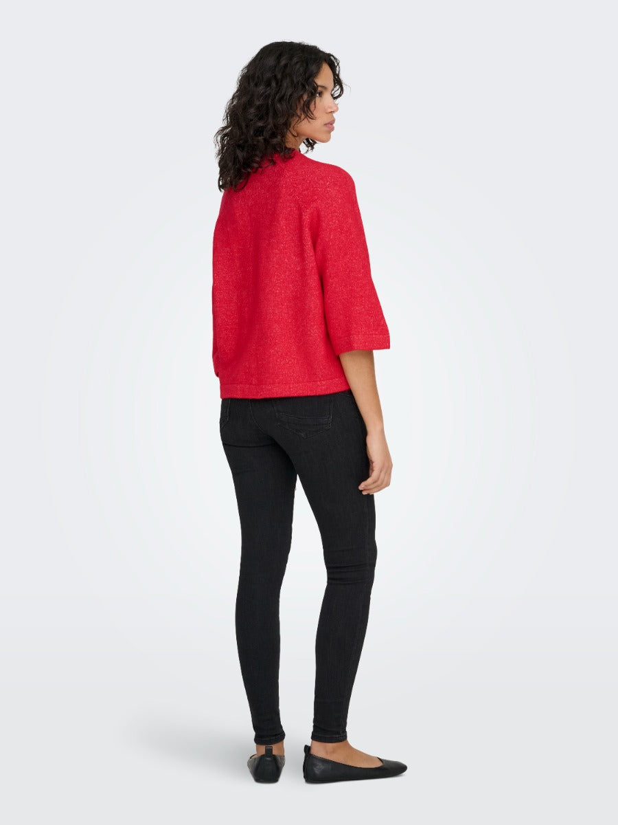 Back view of a red ONLY Simoni 3/4 Sleeve Sweater paired with black skinny jeans and black flats.