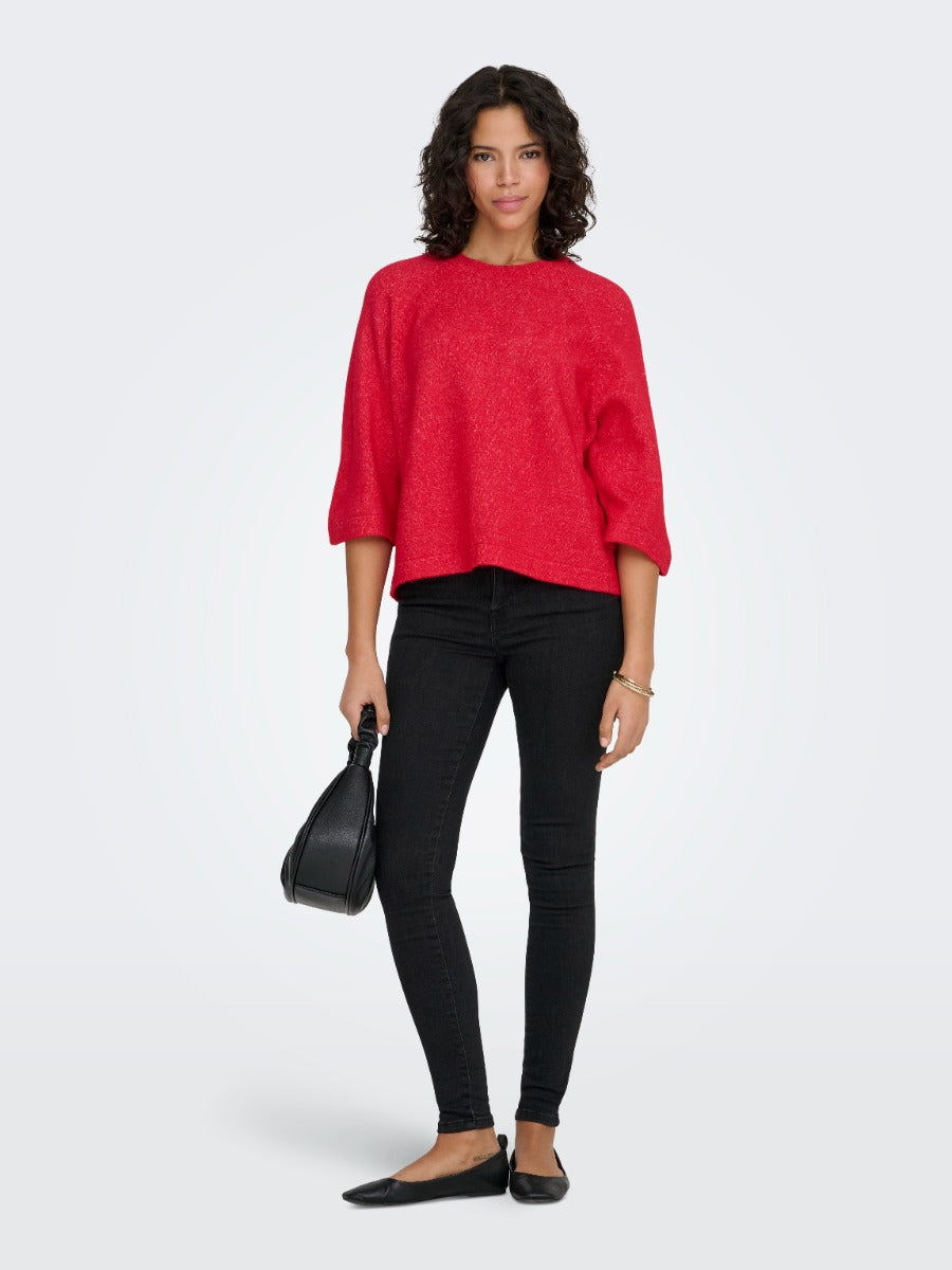 ONLY Simoni 3/4 Sleeve Sweater in red by Only, paired with black skinny pants and black flats.