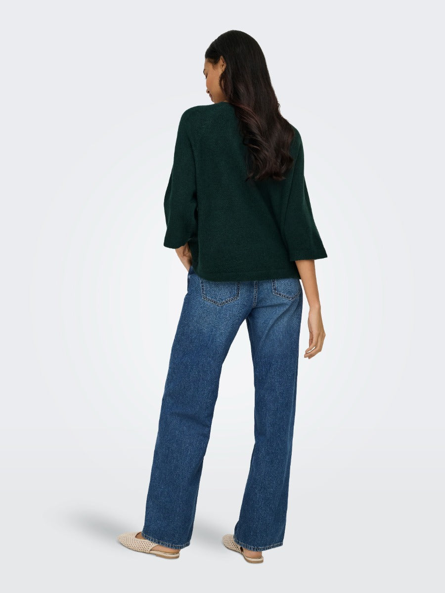 ONLY Simoni 3/4 Sleeve Sweater by Only in dark teal, paired with blue denim jeans and neutral flats.