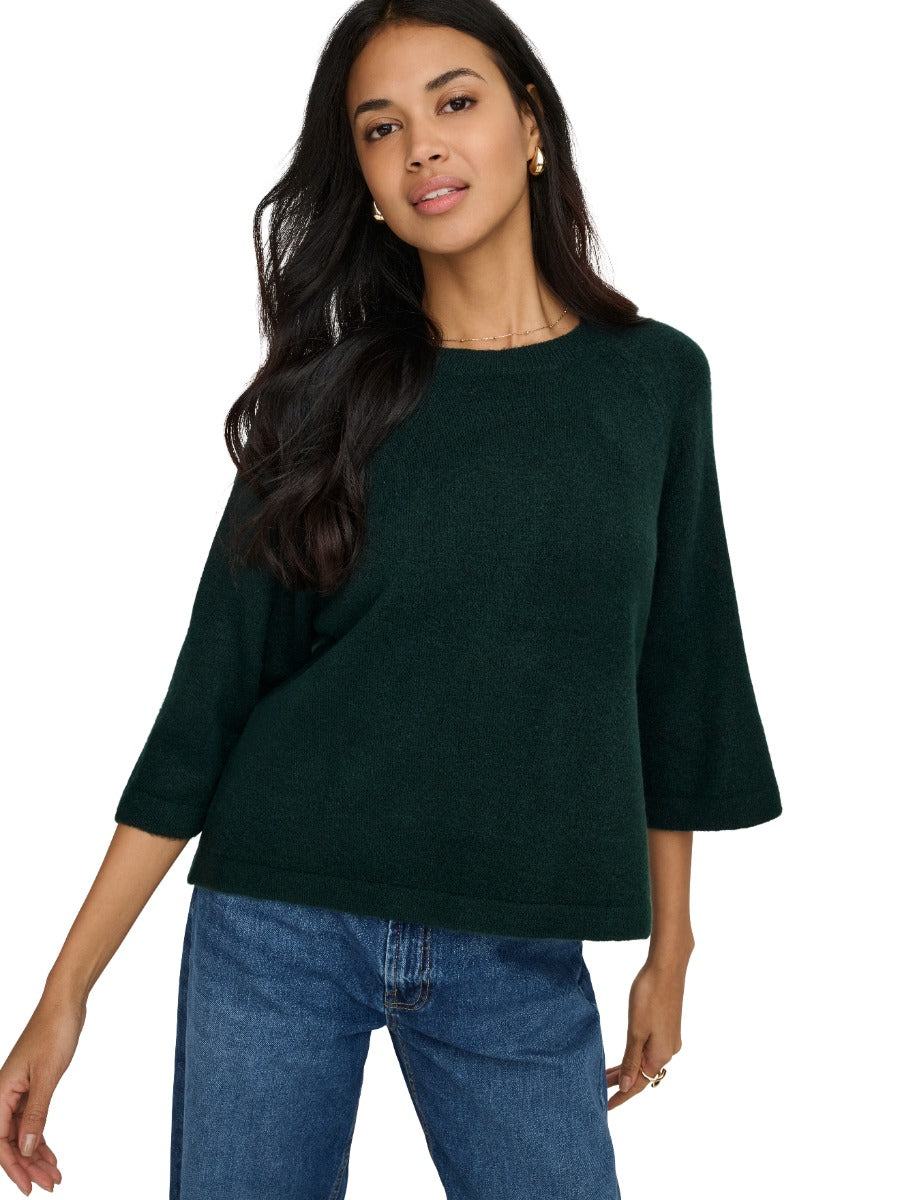 ONLY Simoni 3/4 Sleeve Sweater by Only, dark green knit sweater with relaxed fit and three-quarter length sleeves.