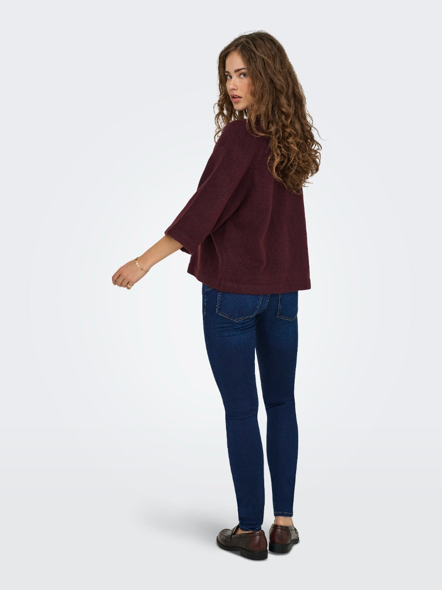 ONLY Simoni 3/4 Sleeve Sweater in wine color by Only paired with dark denim jeans and brown shoes