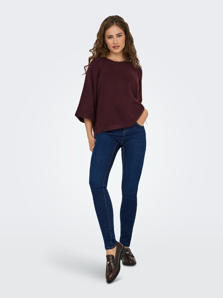 ONLY Simoni 3/4 Sleeve Sweater by Only in deep wine color paired with dark denim jeans and brown loafers