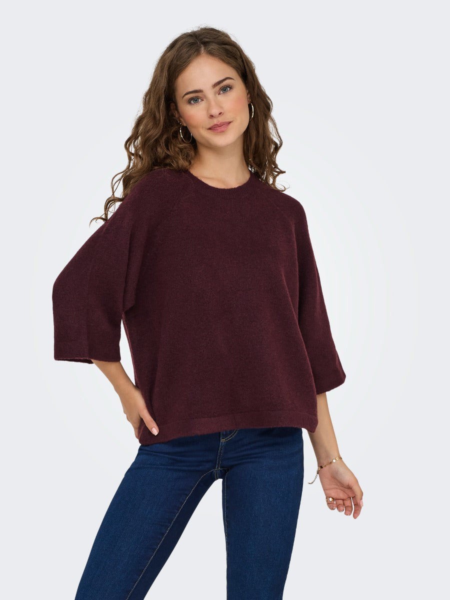ONLY Simoni 3/4 Sleeve Sweater in deep wine color by Only, soft knit wool blend sweater top for casual wear